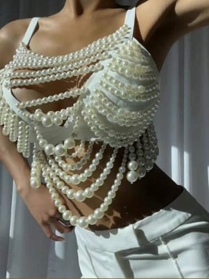 Picture of 1pc Noble Luxury Women's Faux Pearl Vest Body Chain Medieval Court Style Beautifully Beaded Sling Bustier For Dating Or Party Or Vacation And Gifts For Women - Off White