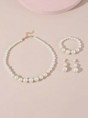 Picture of 3 in 1 Minimalist Niche Design Single Layer Pearl Necklace, Earrings & Bracelet Set - Off White