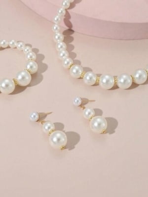 Picture of 3 in 1 Minimalist Niche Design Single Layer Pearl Necklace, Earrings & Bracelet Set - Off White
