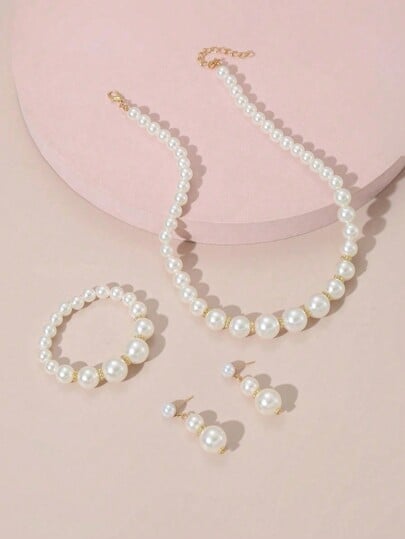 Picture of 3 in 1 Minimalist Niche Design Single Layer Pearl Necklace, Earrings & Bracelet Set - Off White