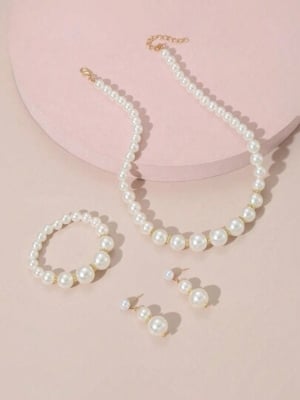 Picture of 3 in 1 Minimalist Niche Design Single Layer Pearl Necklace, Earrings & Bracelet Set - Off White