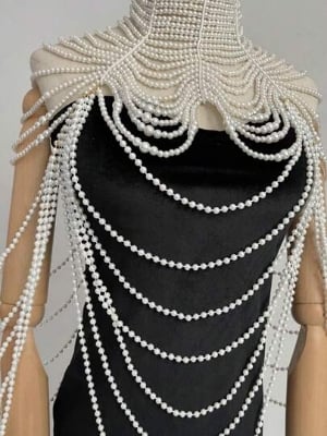 Picture of Bridal Beaded Necklace Multilayer Pearl Collar Queen Choker White Faux Pearl Body Chain For Women,Perfect For Weddings, Parties, Fashion Shows And Gifts - Off White