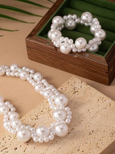 Picture of Elegant Pearl Necklace And Bracelet Set Suitable For Women To Wear On Wedding Season, Party, Mother's Day As Gift To Mom. - Off White