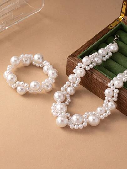 Picture of Elegant Pearl Necklace And Bracelet Set Suitable For Women To Wear On Wedding Season, Party, Mother's Day As Gift To Mom. - Off White