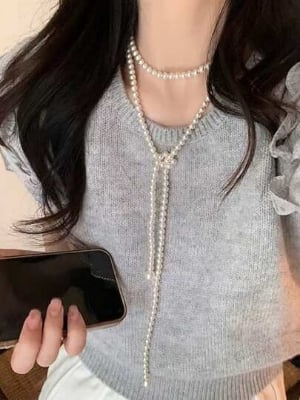 Picture of Stacking Vintage French Style Round Pearl Long Necklace, Versatile Luxury Minimalist Design Sweater Chain For Autumn/Winter Tenoor Special - Off White