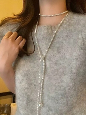 Picture of Stacking Vintage French Style Round Pearl Long Necklace, Versatile Luxury Minimalist Design Sweater Chain For Autumn/Winter Tenoor Special - Off White