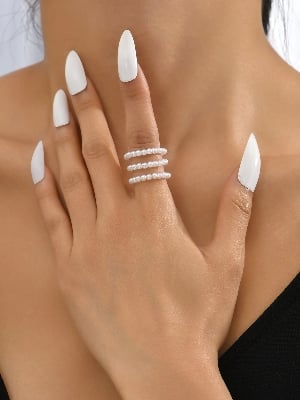 Picture of Faux Pearl Beaded Ring 3 Pcs - White