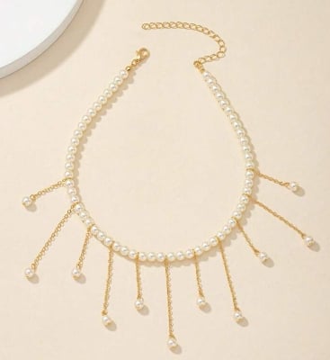 Picture of 1pc Fashion Faux Pearl Tassel Pendant Faux Pearl Choker Necklace For Women, Suitable For Party, Daily Wear And Holidays - Antique White