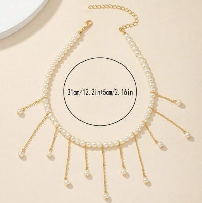 Picture of 1pc Fashion Faux Pearl Tassel Pendant Faux Pearl Choker Necklace For Women, Suitable For Party, Daily Wear And Holidays - Antique White