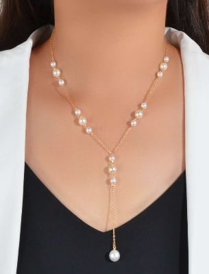 Picture of Faux Pearl Charm Y Lariat Necklace - Gold