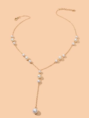 Picture of Faux Pearl Charm Y Lariat Necklace - Gold