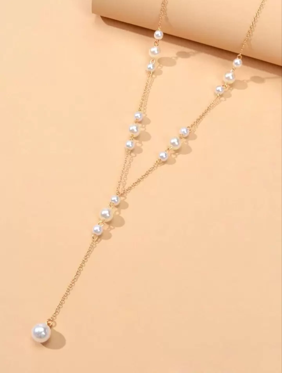 Picture of Faux Pearl Charm Y Lariat Necklace - Gold