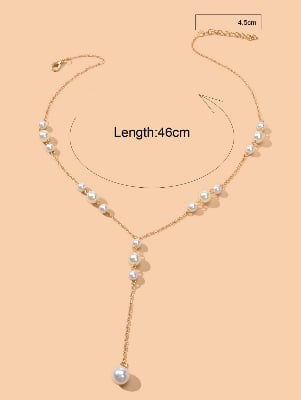 Picture of Faux Pearl Charm Y Lariat Necklace - Gold