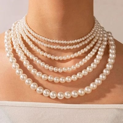 Picture of 6 Layer Pearl Choker Necklace Women Dating Wedding Tavelling - Multi