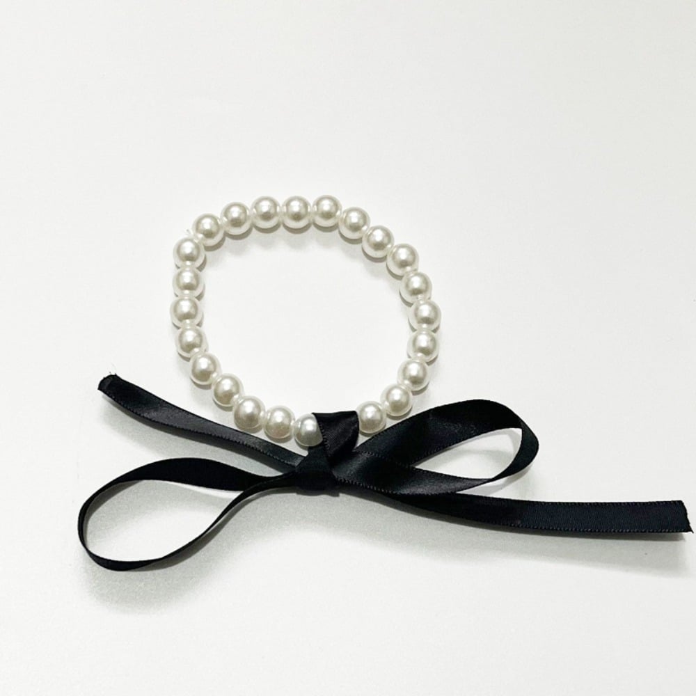 Picture of Kpop Black  Ribbon Adjustable Bowknot Back Chain Necklace Women Elegant Imitation Korean Girls Pearl Rope Choker Jewelry Set Necklace Bracelet  Accessories
For Wedding Occasion - Multi