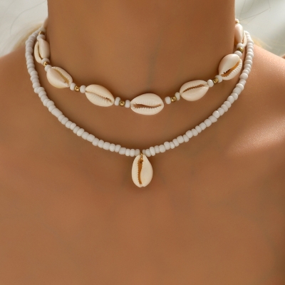 Picture of 2 pieces per set  Bohemia Pearl Beads Chain Shell Necklace with Adjustable Jewelry Accessory Tenoor Special Summer Natural Sea Shell Choker Necklace for Women and Girls - Multi