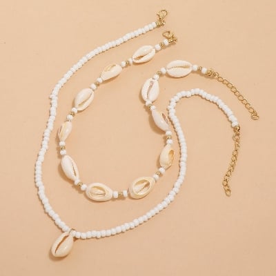 Picture of 2 pieces per set  Bohemia Pearl Beads Chain Shell Necklace with Adjustable Jewelry Accessory Tenoor Special Summer Natural Sea Shell Choker Necklace for Women and Girls - Multi