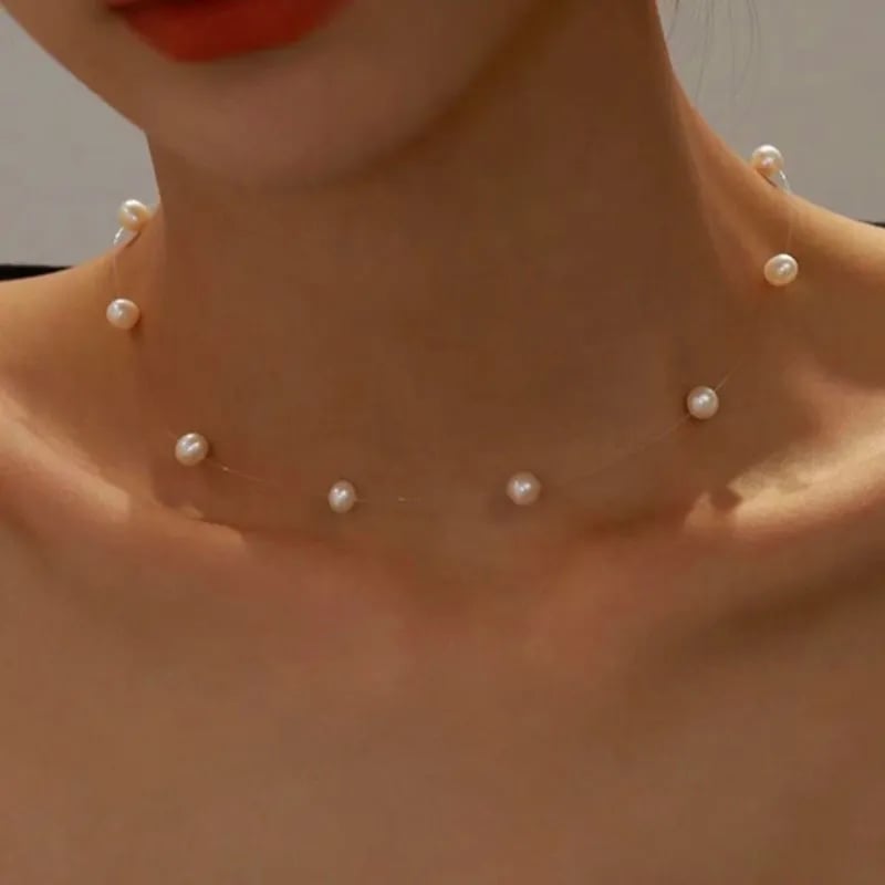 Picture of Transparent Nylon String Off White Pearl Necklace Ladies Fashion Dating Travelling Wedding Tenoor Special - Multi