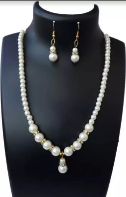 Picture of Pearl Diamond Stone Necklace With Eardrops Earrings   For Girls And Women Wearing At Wedding Occasion Festival Party Dating Travelling Tenoor Special - Multi