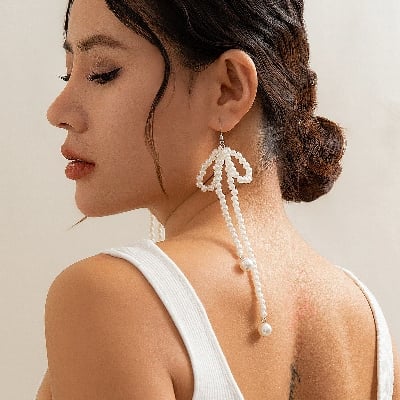 Picture of Elegant Imitation Pearl Bowknot Drop Earrings Korean Beaded Long Tassel Earrings Women's Wedding Bride Jewelry Tenoor Special - Multi