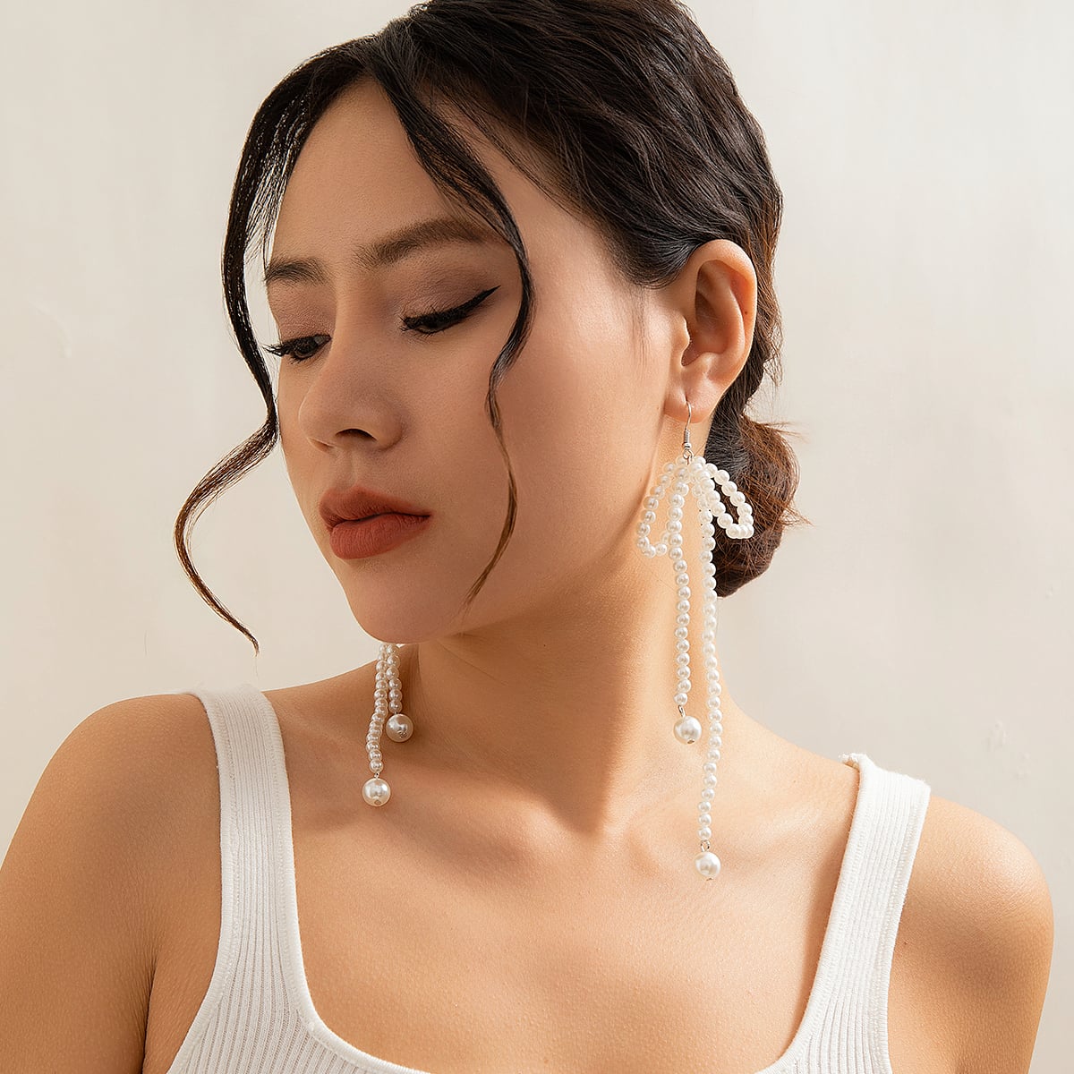 Picture of Elegant Imitation Pearl Bowknot Drop Earrings Korean Beaded Long Tassel Earrings Women's Wedding Bride Jewelry Tenoor Special - Multi