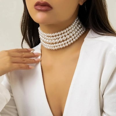 Picture of Multi Layer Pearl Choker Necklace With Ear Drop Earring Tenoor Special - Multi