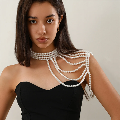Picture of Lomgi Stund Pearl Tassel Shoulder Chain Necklace for Women Girls Elegant Rave Body Jewel - Multi