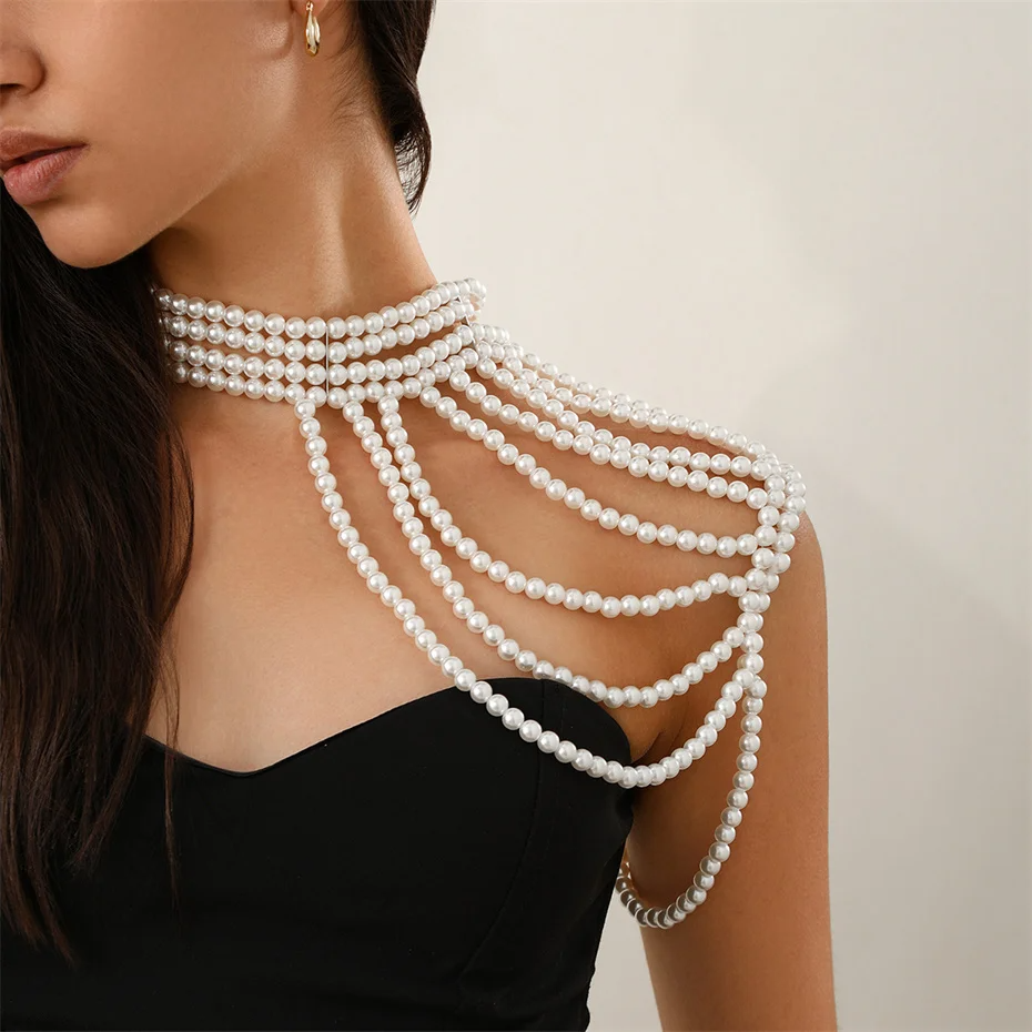 Picture of Lomgi Stund Pearl Tassel Shoulder Chain Necklace for Women Girls Elegant Rave Body Jewel - Multi