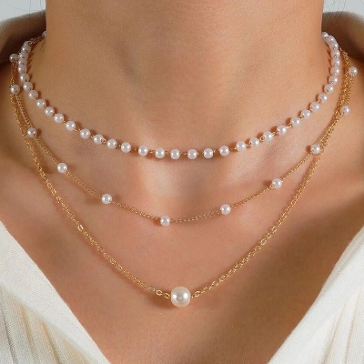 Picture of 3 Layer Pearl Necklace Off White Pearl - Multi