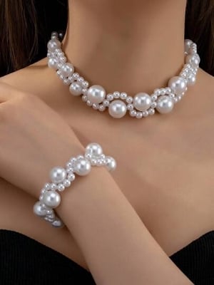 Picture of Elegant Pearl Necklace And Bracelet Set Suitable For Women To Wear On Wedding Season, Party, Mother's Day As Gift To Mom. - Multi