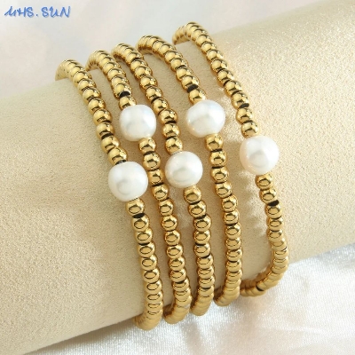 Picture of 5 PCS Elastic Rope Bracelet Pearl Round Beads Bracelets Golden Plated For Women Jewelry Banquet Party Gifts Tenoor Special - Multi