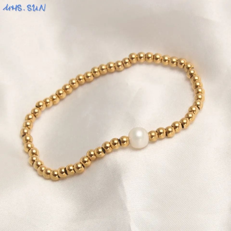 Picture of 5 PCS Elastic Rope Bracelet Pearl Round Beads Bracelets Golden Plated For Women Jewelry Banquet Party Gifts Tenoor Special - Multi