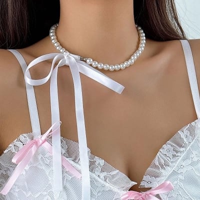 Picture of White Ribbon Pearl Necklace For Women Girls Wedding Dating Party Travelling Simple Necklace Tenoor Special - Multi