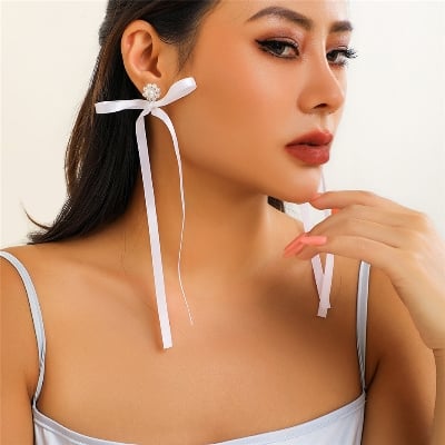 Picture of Salircon Korean Elegant White Ribbon Drop Earrings Fashion Charm Imitation Pearl Earrings Women's Romantic Wedding Party Jewelry Tenoor Special - Multi