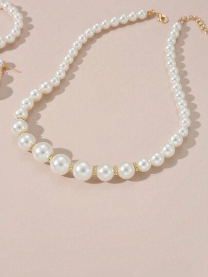 Picture of 3 in 1 Minimalist Niche Design Single Layer Pearl Necklace, Earrings & Bracelet Set Tenoor Special - Multi