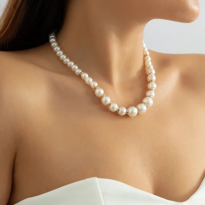 Picture of Simple Pearl jewelry Diamond Stone Ornaments Necklace For Girls And Women Wearing At school College Office  Party Dating Wedding Tenoor Special - Multi