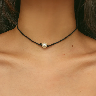 Picture of Single Pearl Black Rope Choker Necklace Hot Promotion One Pearl Necklaces Women Short Choker Necklaces - Multi