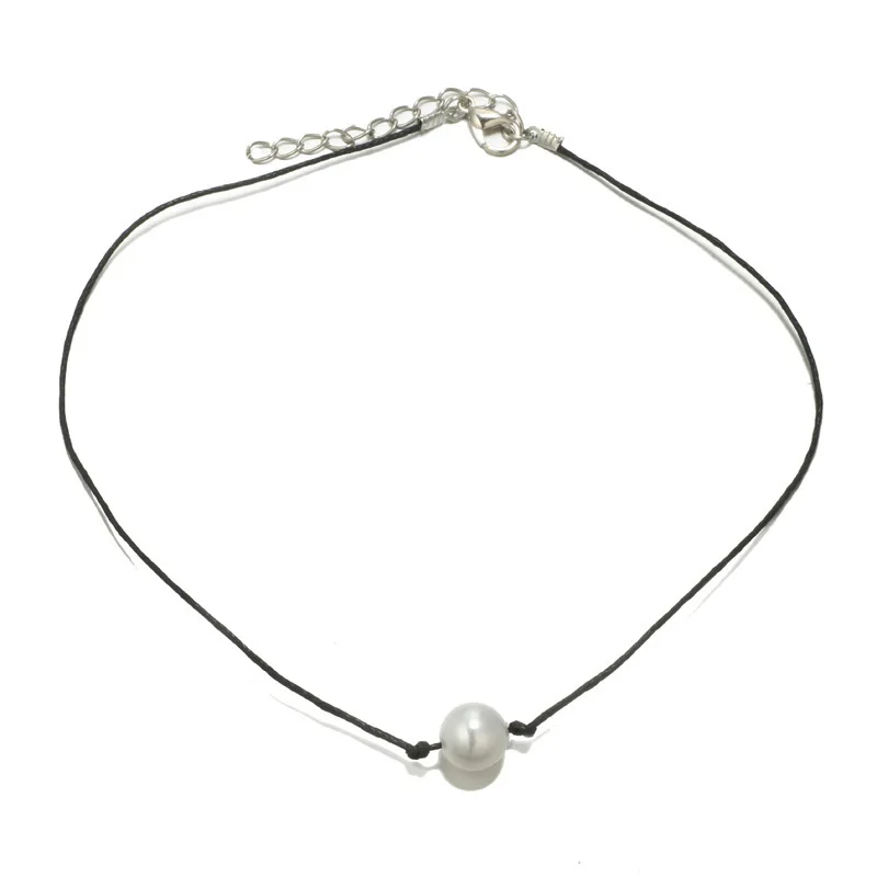 Picture of Single Pearl Black Rope Choker Necklace Hot Promotion One Pearl Necklaces Women Short Choker Necklaces - Multi