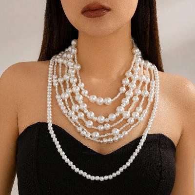 Picture of Luxury Multilayer Imitation Pearl Choker Necklace Set for Women Bride Beaded Necklace Wedding Jewelry Neck Accessories Tenoor Special - Multi