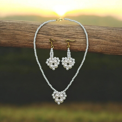 Picture of Pearl Necklace Jewellery Set With Earrings For Girls And Women Wearing At Wedding School College Office Party Tenoor Special - Multi