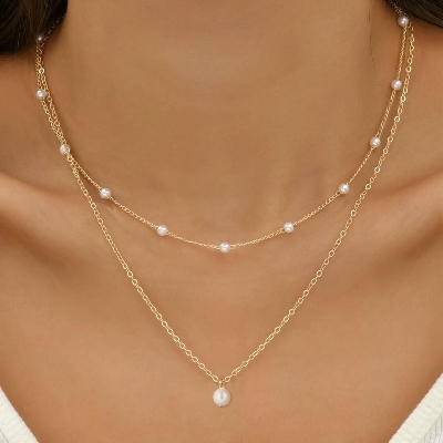 Picture of Pearl Necklace for Women, Layered Pearl Necklaces for Women Trendy Simple Herringbone Chain Pearl Necklace for Women Jewelry Gifts Tenoor Special - Multi