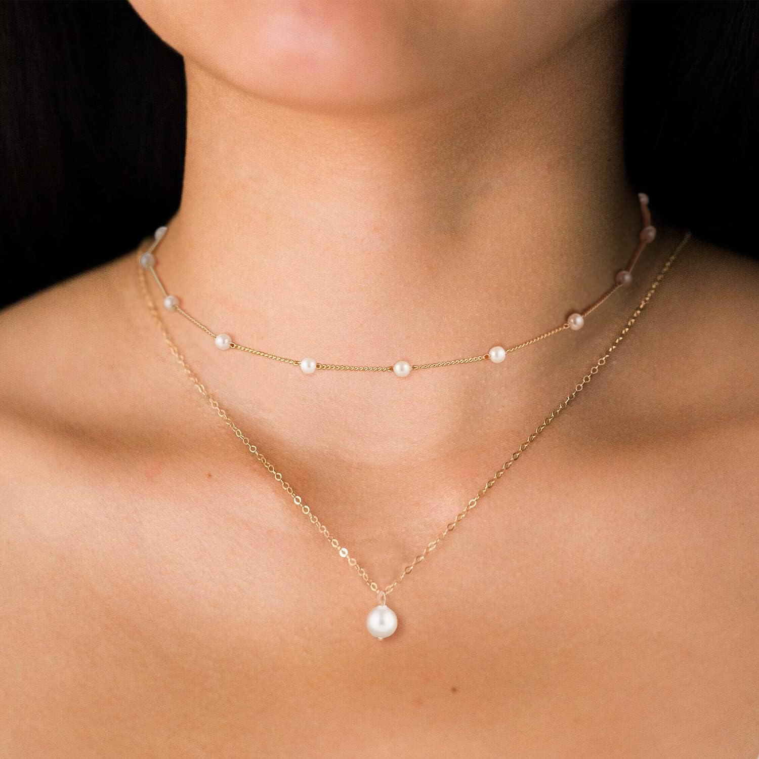 Picture of Pearl Necklace for Women, Layered Pearl Necklaces for Women Trendy Simple Herringbone Chain Pearl Necklace for Women Jewelry Gifts Tenoor Special - Multi