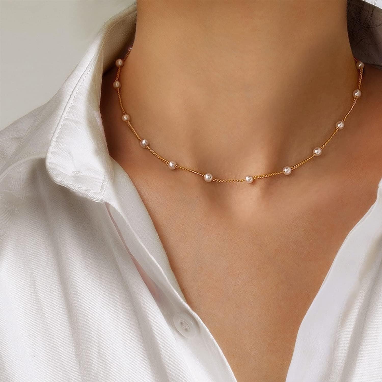 Picture of Pearl Necklace for Women, Layered Pearl Necklaces for Women Trendy Simple Herringbone Chain Pearl Necklace for Women Jewelry Gifts Tenoor Special - Multi
