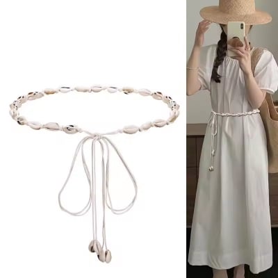 Picture of 170 cm Women's Bohemian Ethnic Style White Shell Thin Waist Belt Summer Accessory Decorative Straps Lady Dress and Woven Waistband Ropes - Off White