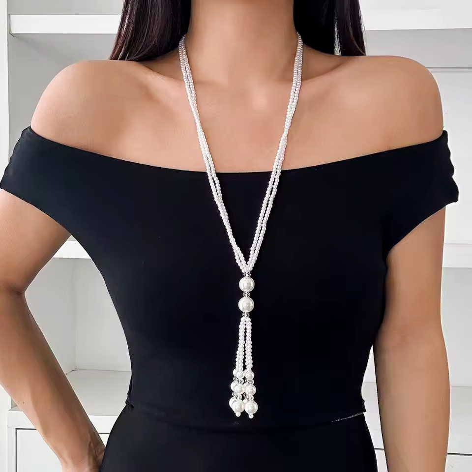 Picture of Retro Temperament Double-layer Imitation Pearl Beading Tassel Long Necklace for Women Fashion Clothing Accessories Jewelry Gift - Multicolor