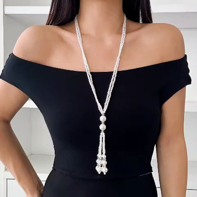 Picture of Retro Temperament Double-layer Imitation Pearl Beading Tassel Long Necklace for Women Fashion Clothing Accessories Jewelry Gift - Multicolor