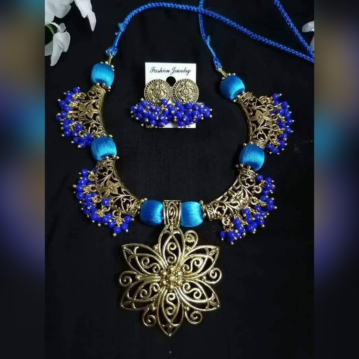 Picture of Jaypuri Traditional Antique Oxidised Choker Necklace Jewellery Set - Multicolor