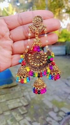 Picture of Gorgeous party wear antique golden necklace and earrings set for girls and woman. - Gold
