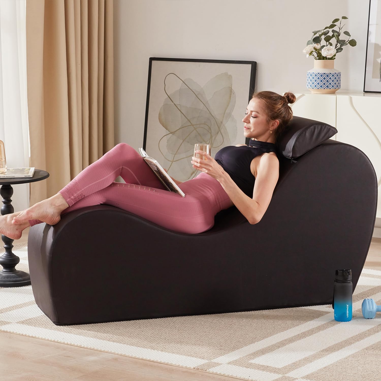 Picture of Yoga Chaise Lounge Chair for Stretching Relaxation Exercise, Ergonomic S Curved Chaise Lounge, Perfect gift for your special person or lovable friend.Full High-Density Foam Filled Yoga Chair for Indoor Living Room Bedroom Lounge, Black-Easy Clean