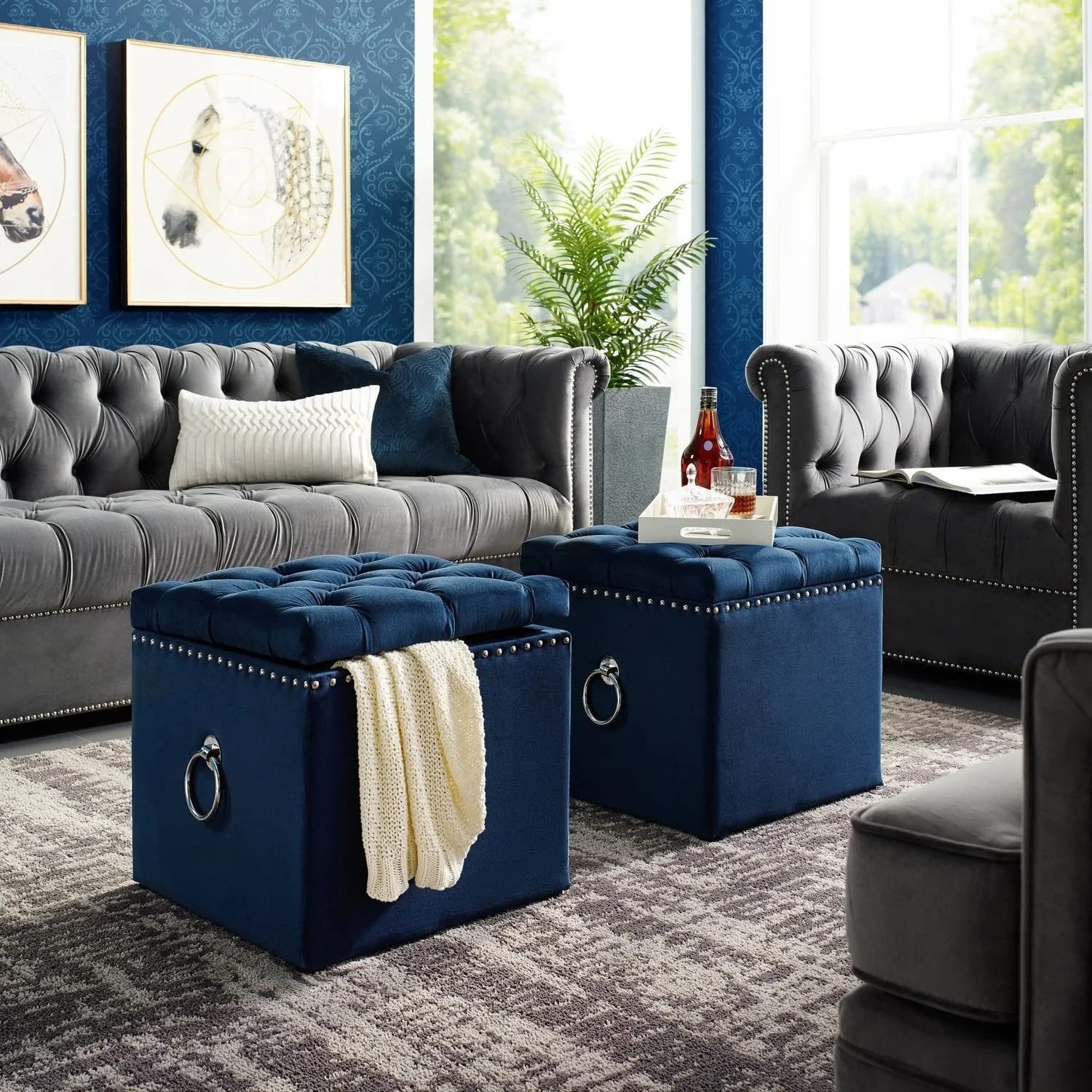 Picture of Square Sitting Sofa, Storage Stool Suitable for Bedroom, Living Room and Kitchen,Button Tufted Velvet Square Storage Ottoman with Handle for Living Room & Bedroom